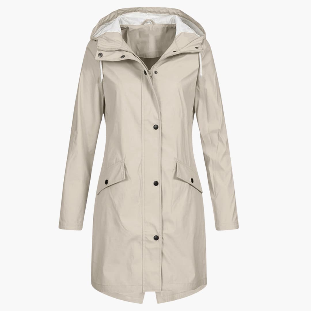 Damen Langregenjacke mit Kapuze und Druckknopfverschluss