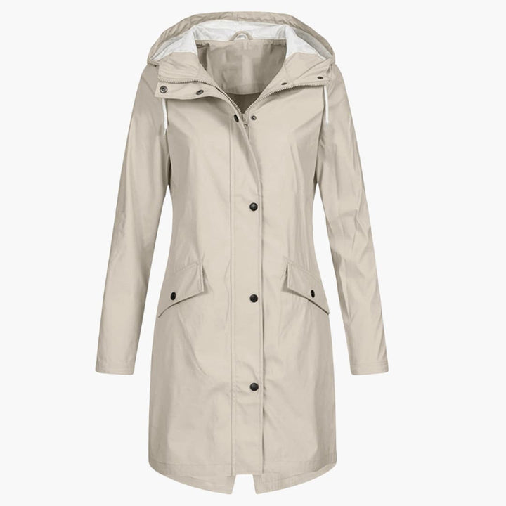 Damen Langregenjacke mit Kapuze und Druckknopfverschluss