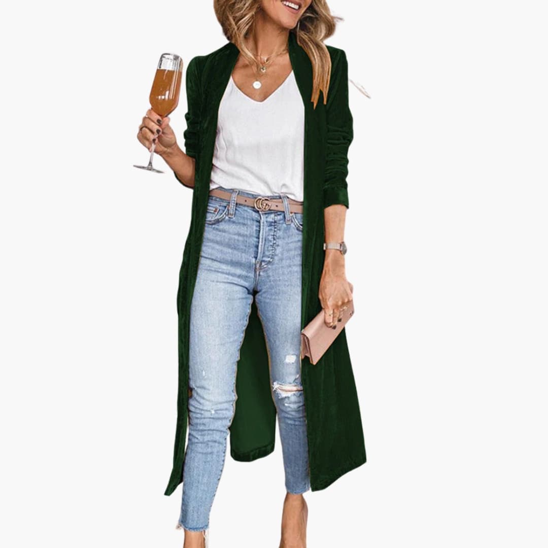 Damen Long Strickjacke mit offener Front und geradem Saum
