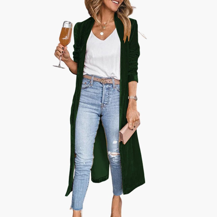 Damen Long Strickjacke mit offener Front und geradem Saum