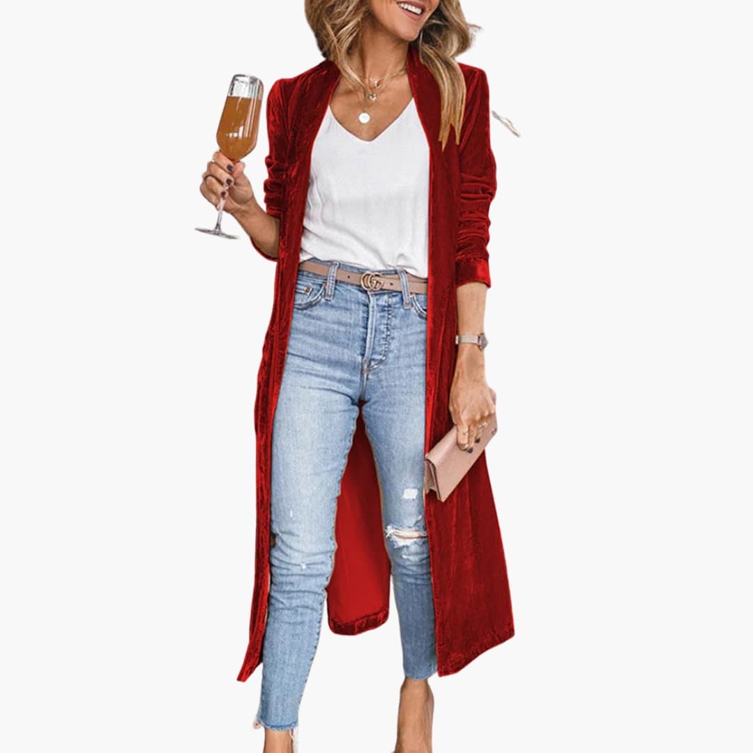 Damen Long Strickjacke mit offener Front und geradem Saum