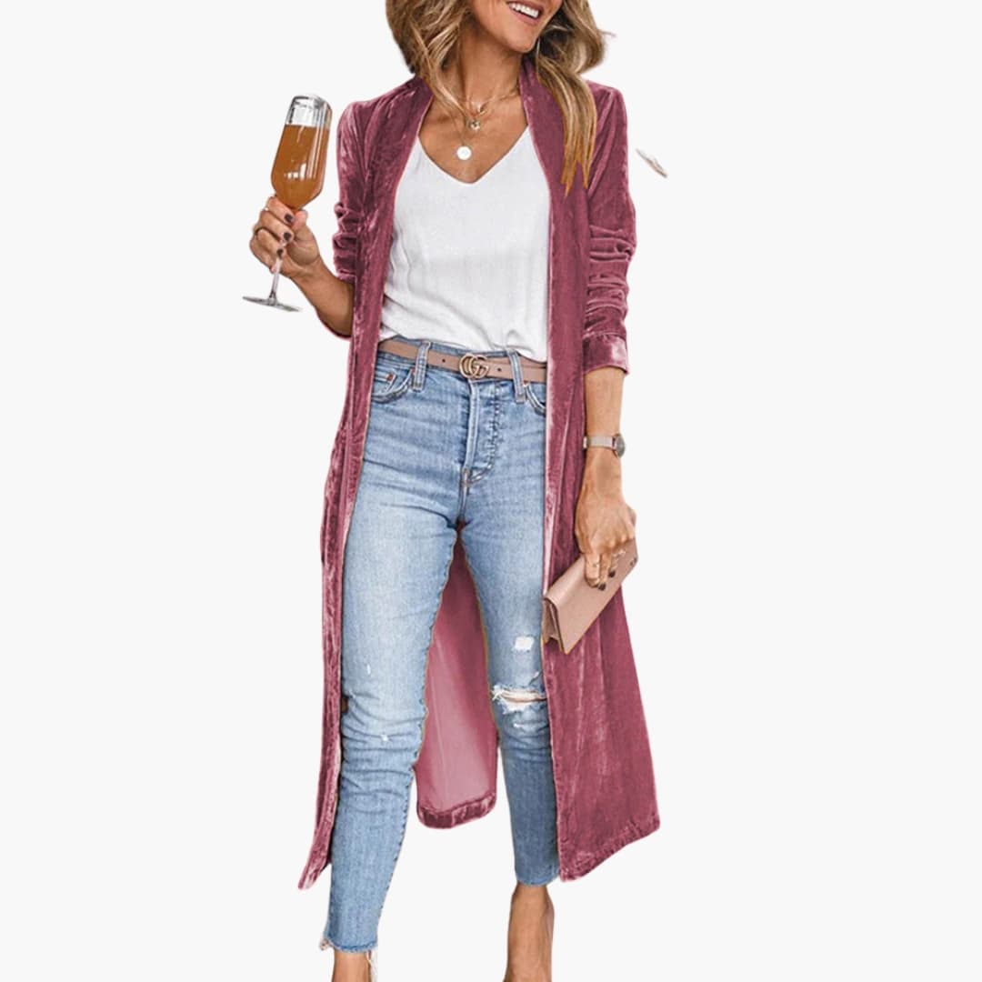 Damen Long Strickjacke mit offener Front und geradem Saum