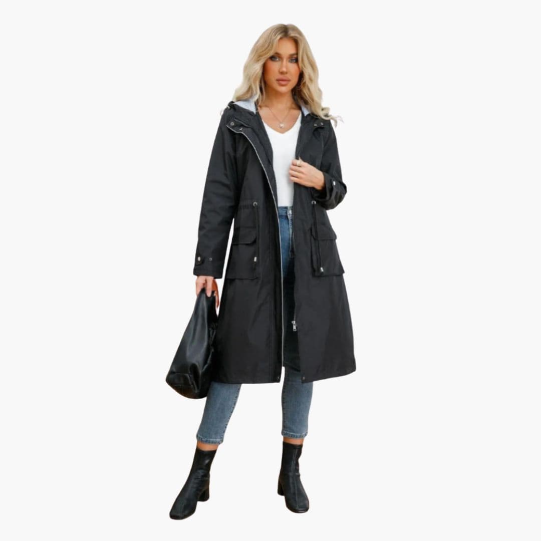 Damen Mantel lang mit Taschen und Kapuze
