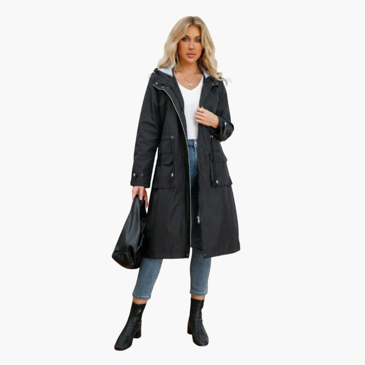 Damen Mantel lang mit Taschen und Kapuze