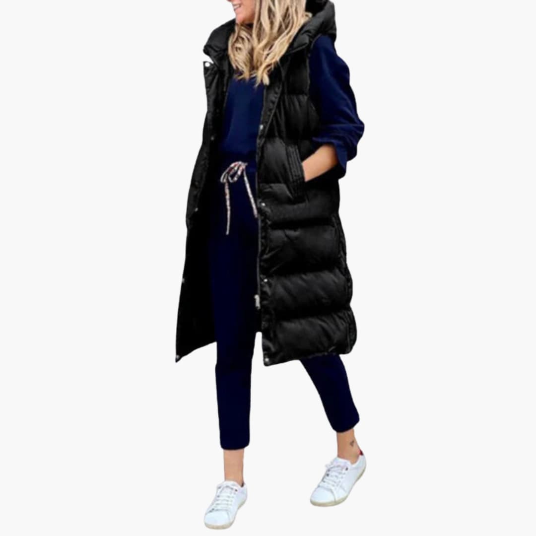 Damen Steppweste Lang mit Kapuze und Taschen