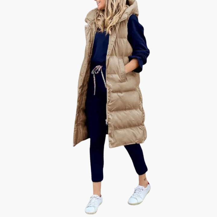 Damen Steppweste Lang mit Kapuze und Taschen