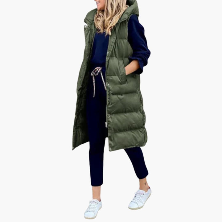 Damen Steppweste Lang mit Kapuze und Taschen