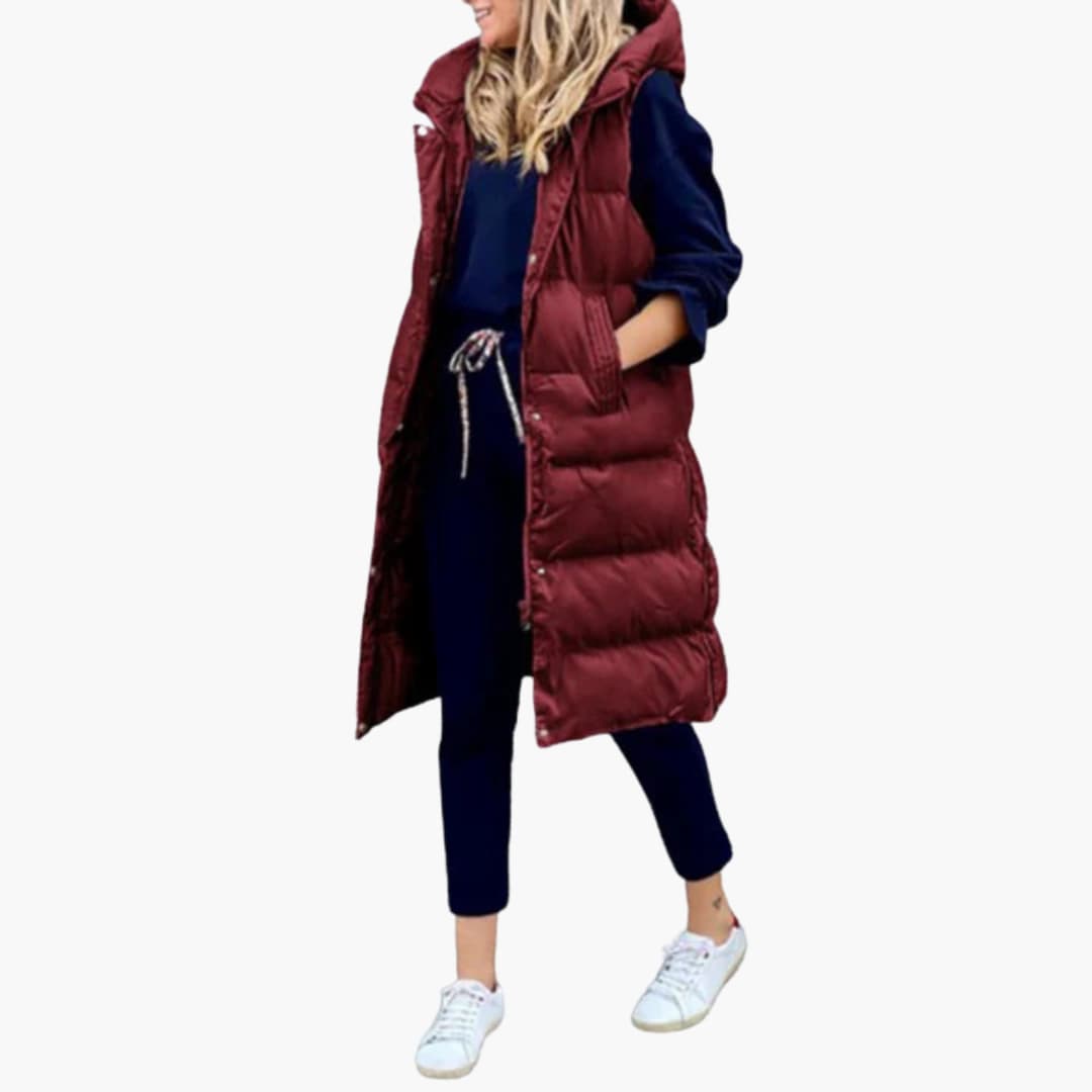 Damen Steppweste Lang mit Kapuze und Taschen