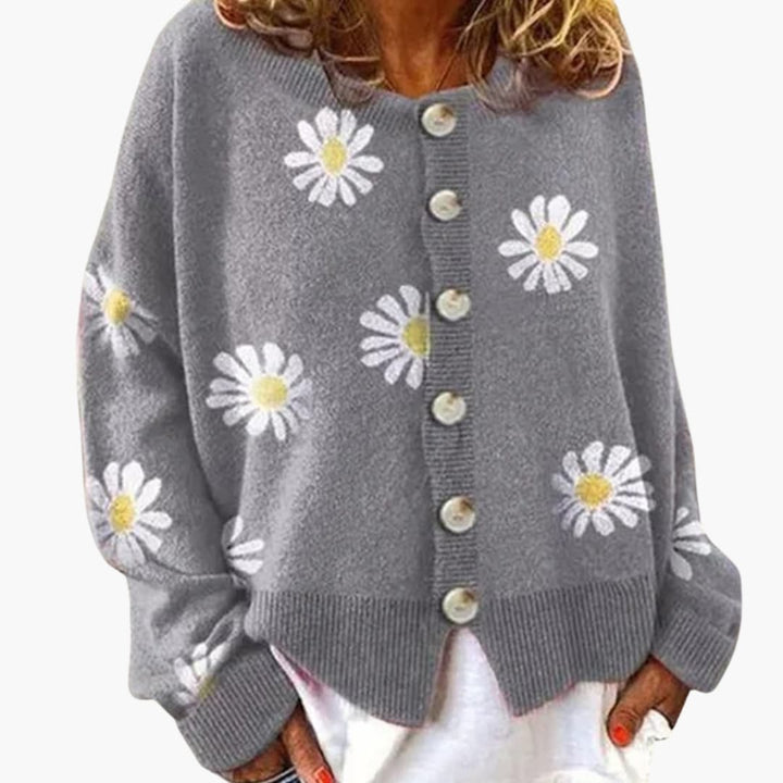 Damen Strickjacke mit Blumenmuster und Knopfverschluss