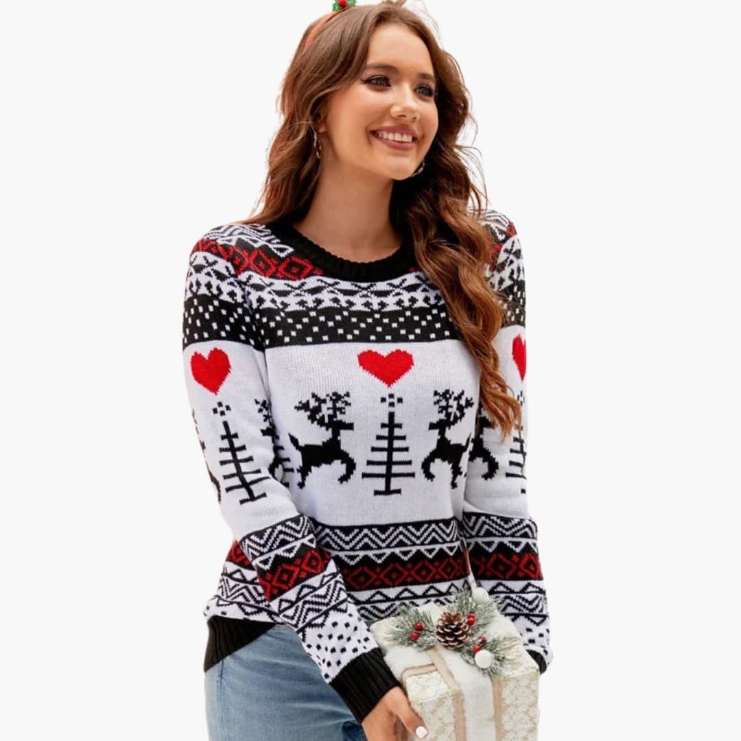 Damen Strickpullover mit Elchmotiv und Fleece Oberfläche