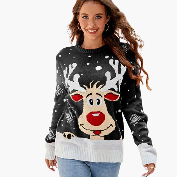 Damen Strickpullover mit Elchmotiv und Fleece Oberfläche