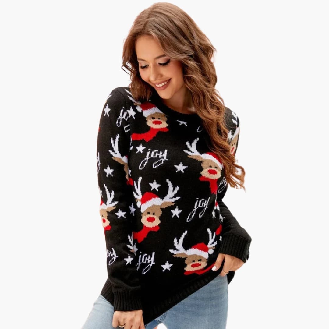 Damen Strickpullover mit Elchmotiv und Fleece Oberfläche