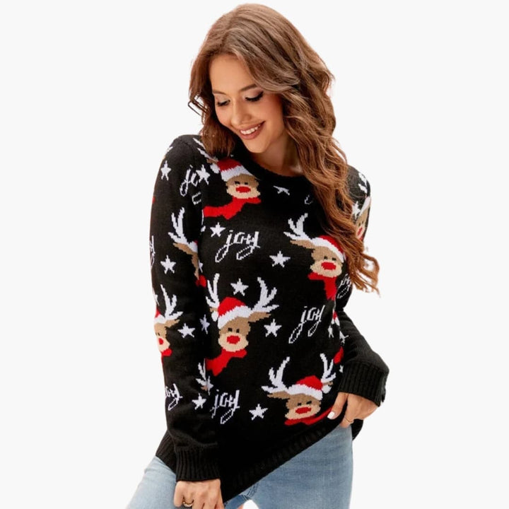 Damen Strickpullover mit Elchmotiv und Fleece Oberfläche