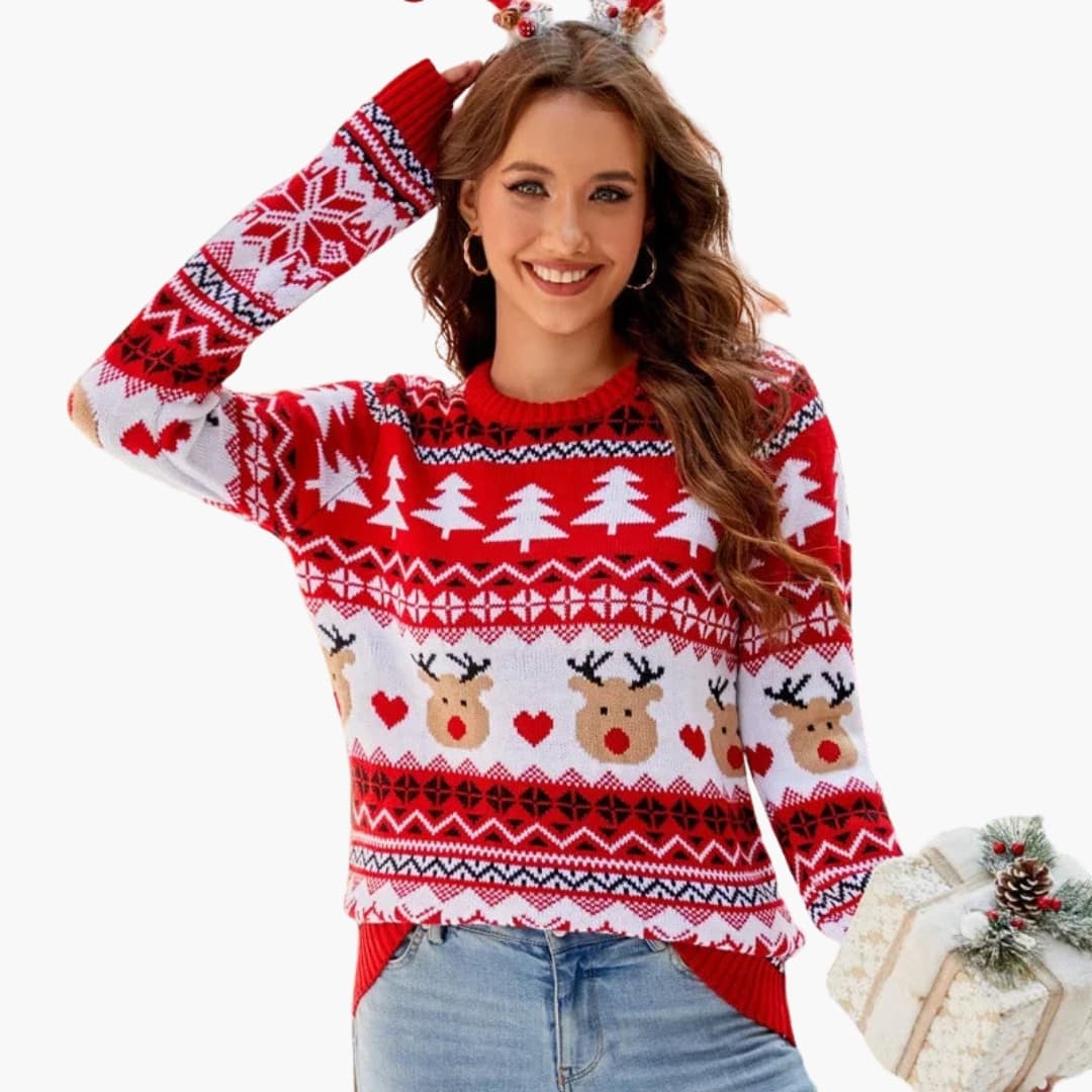 Damen Strickpullover mit Elchmotiv und Fleece Oberfläche