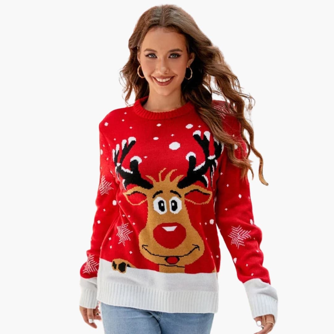 Damen Strickpullover mit Elchmotiv und Fleece Oberfläche