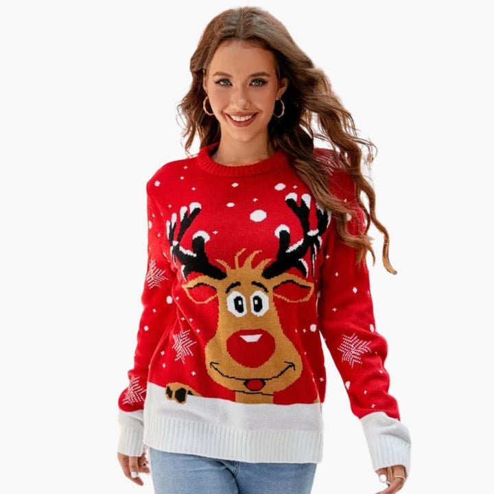 Damen Strickpullover mit Elchmotiv und Fleece Oberfläche