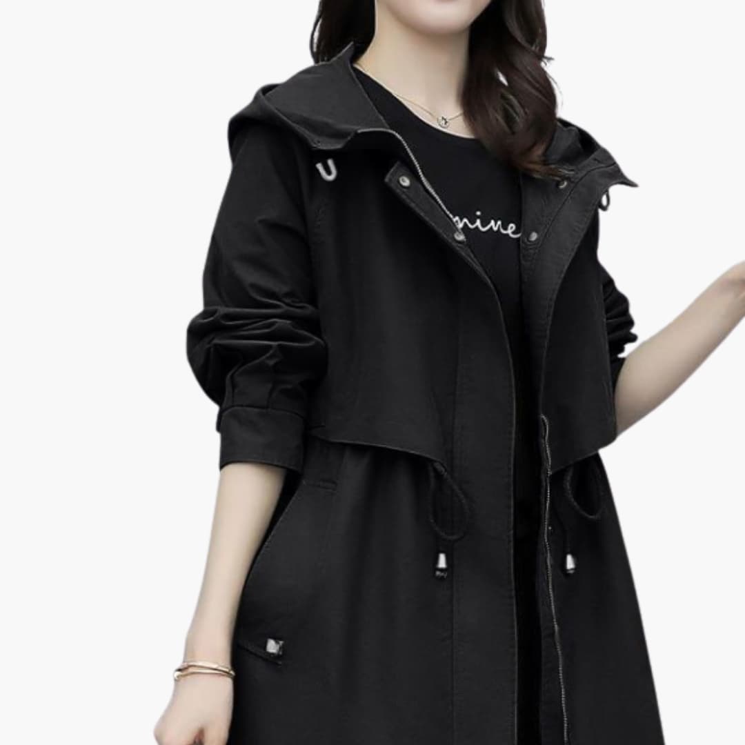 Damen Trenchcoat mit Kapuze, Reißverschluss und Taillenzugband