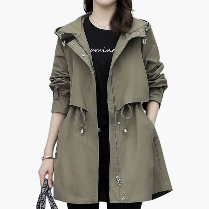 Damen Trenchcoat mit Kapuze, Reißverschluss und Taillenzugband