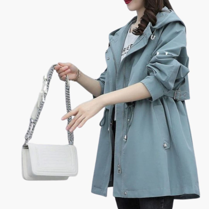 Damen Trenchcoat mit Kapuze, Reißverschluss und Taillenzugband