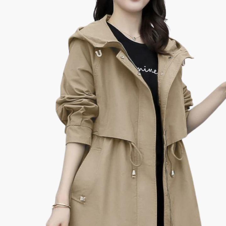 Damen Trenchcoat mit Kapuze, Reißverschluss und Taillenzugband