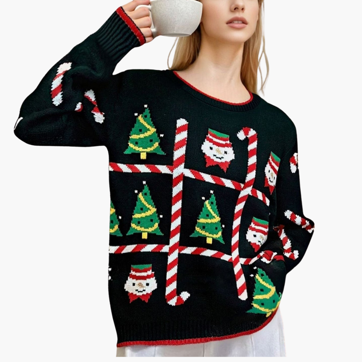 Damen Weihnachts-Pullover mit Baum und Schneeflockenmotiv