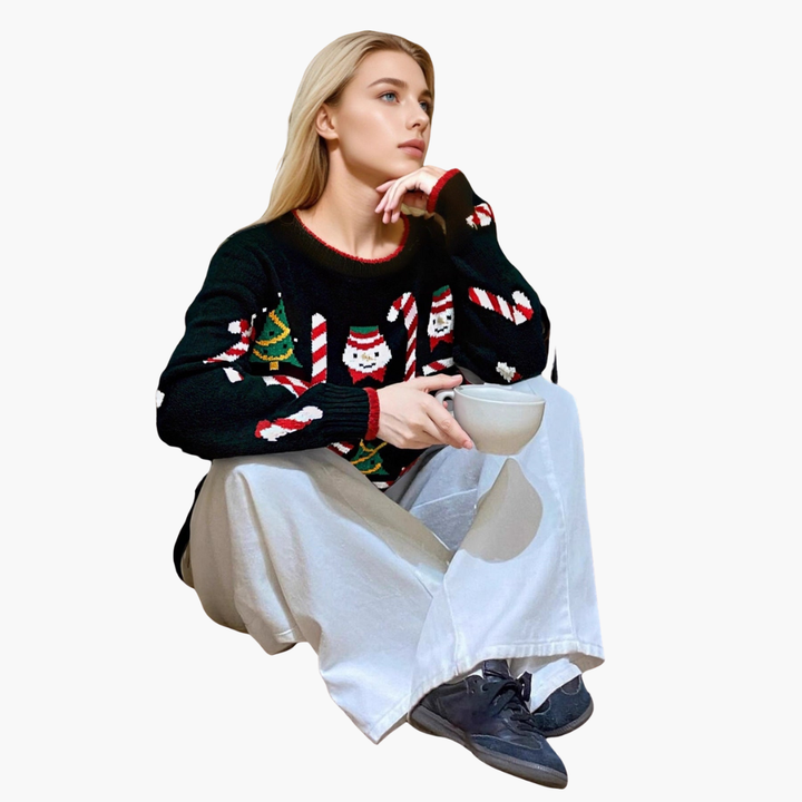 Damen Weihnachts-Pullover mit Baum und Schneeflockenmotiv