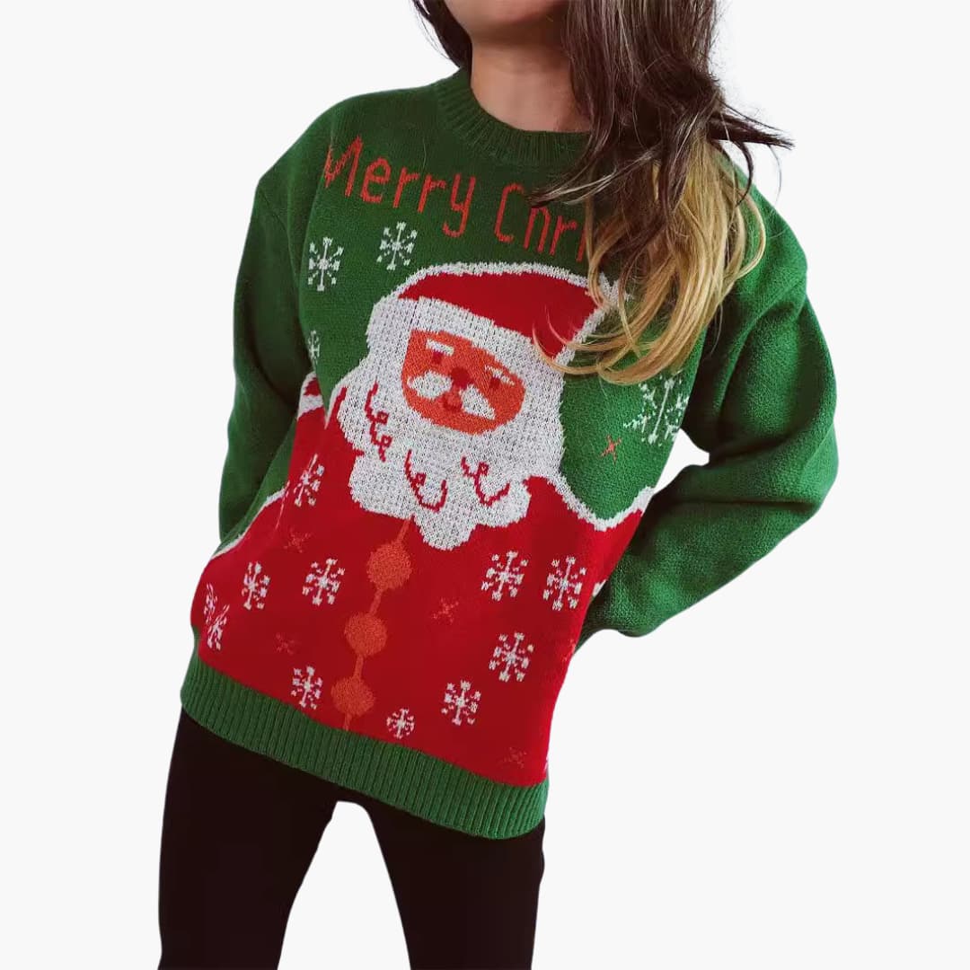 Damen Weihnachts-Pullover mit Santa-Motiv und Schneeflocken-Design