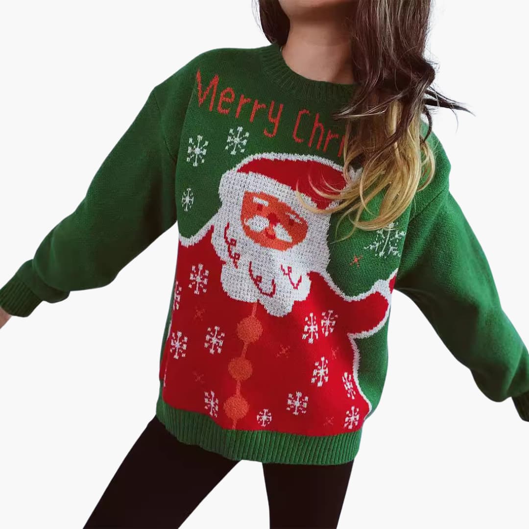 Damen Weihnachts-Pullover mit Santa-Motiv und Schneeflocken-Design