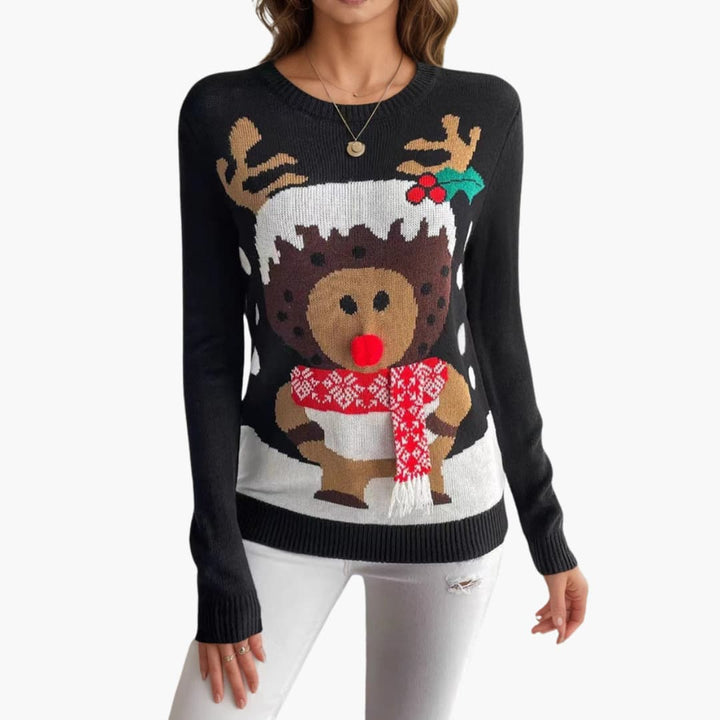 Damen Weihnachts Pullover mit Rentier Motiv und rotem Schal Detail