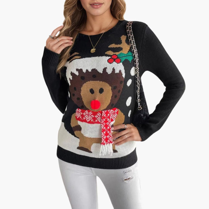 Damen Weihnachts Pullover mit Rentier Motiv und rotem Schal Detail