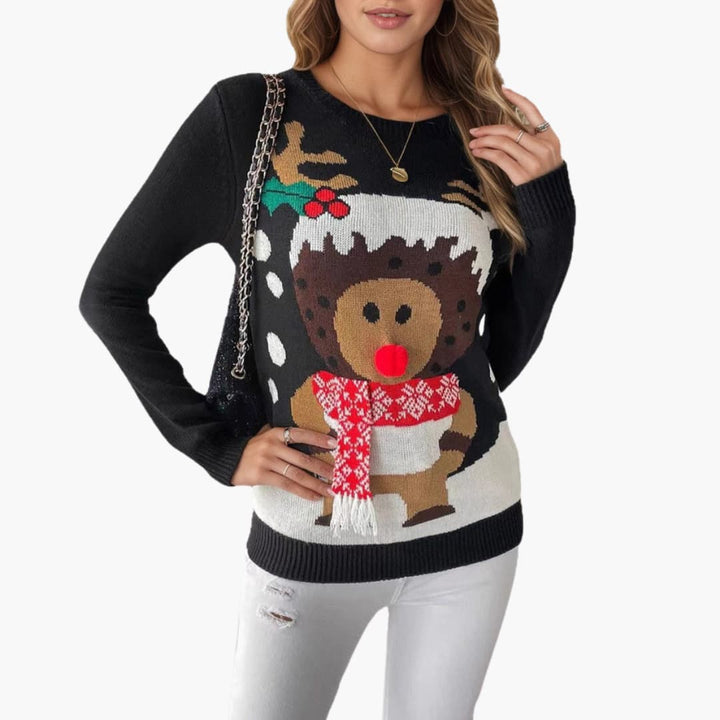 Damen Weihnachts Pullover mit Rentier Motiv und rotem Schal Detail