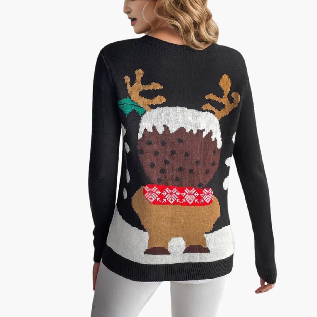 Damen Weihnachts Pullover mit Rentier Motiv und rotem Schal Detail