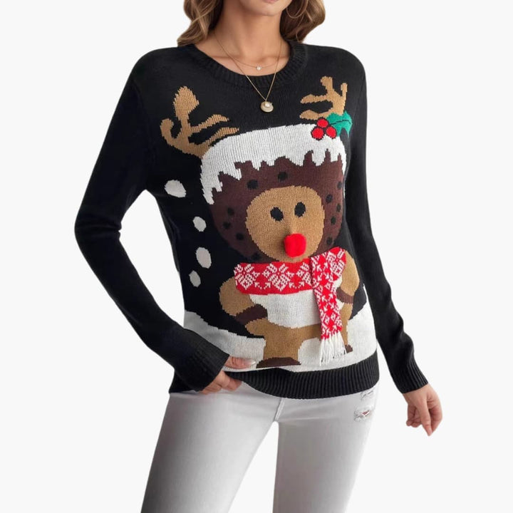 Damen Weihnachts Pullover mit Rentier Motiv und rotem Schal Detail