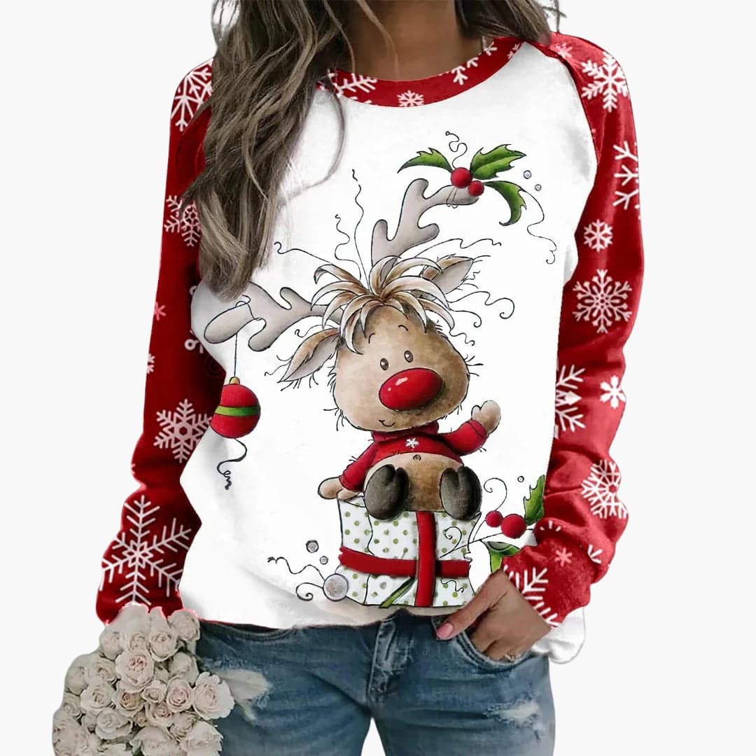 Damen Weihnachts Pullover mit Rentiermotiv und Schneeflockenärmeln