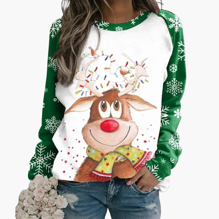 Damen Weihnachts Pullover mit Rentiermotiv und Schneeflockenärmeln