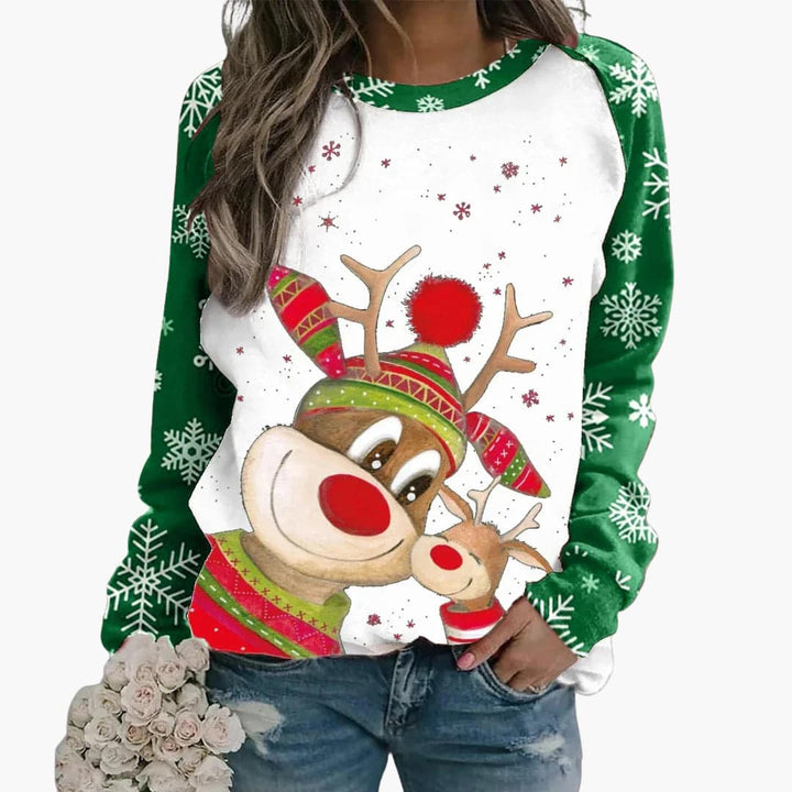 Damen Weihnachts Pullover mit Rentiermotiv und Schneeflockenärmeln