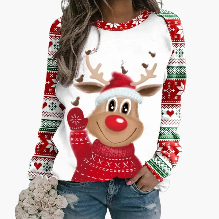 Damen Weihnachts Pullover mit Rentiermotiv und Schneeflockenärmeln