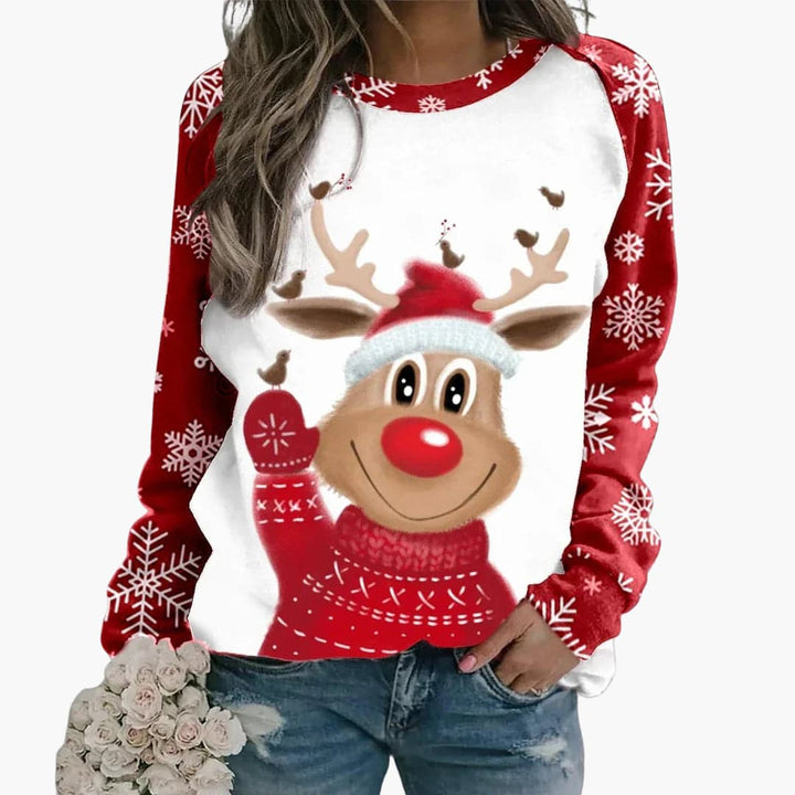 Damen Weihnachts Pullover mit Rentiermotiv und Schneeflockenärmeln