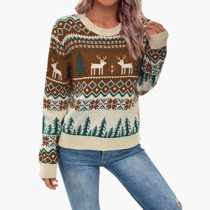 Damen Weihnachts Pullover mit Rentier und Baummotiv
