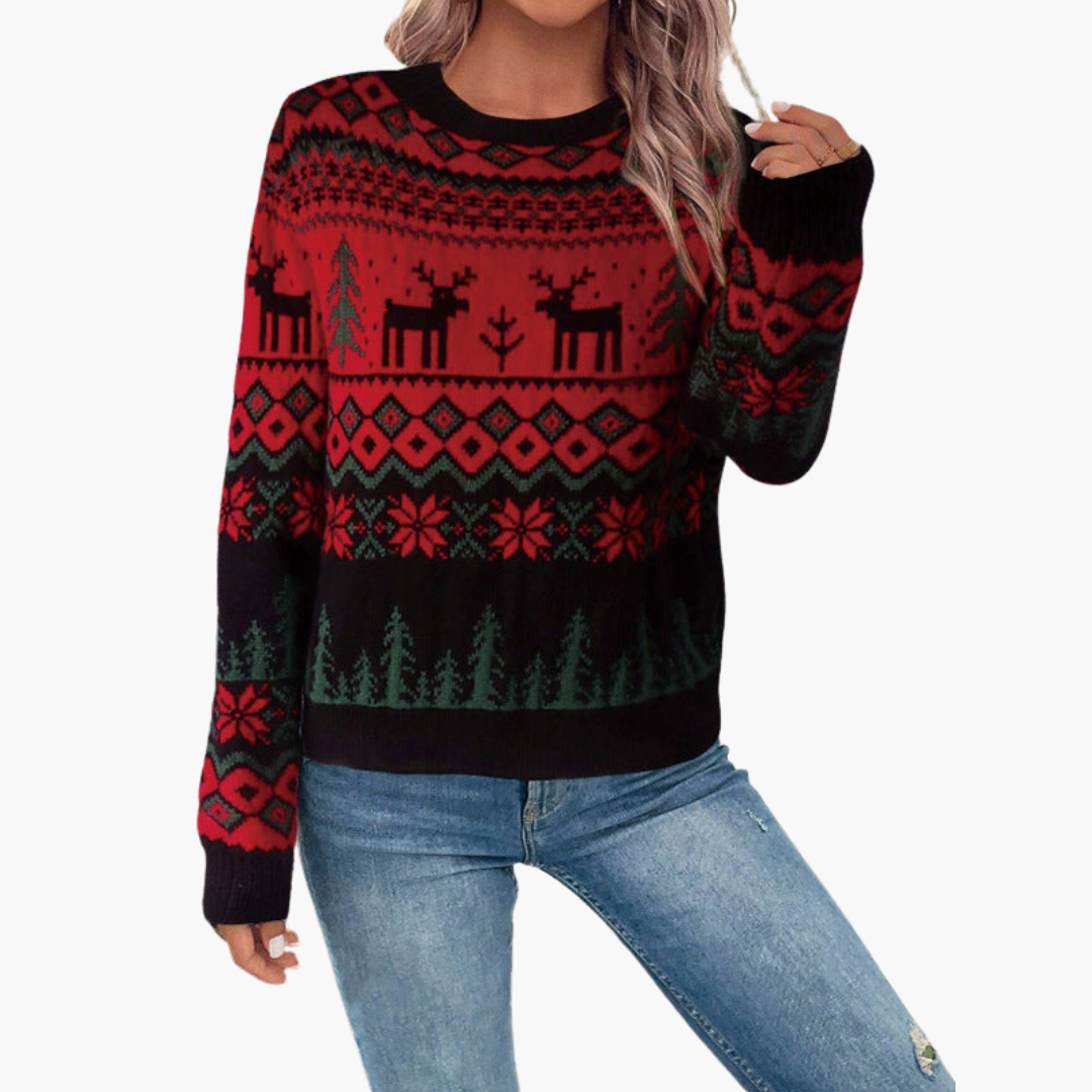 Damen Weihnachts Pullover mit Rentier und Baummotiv