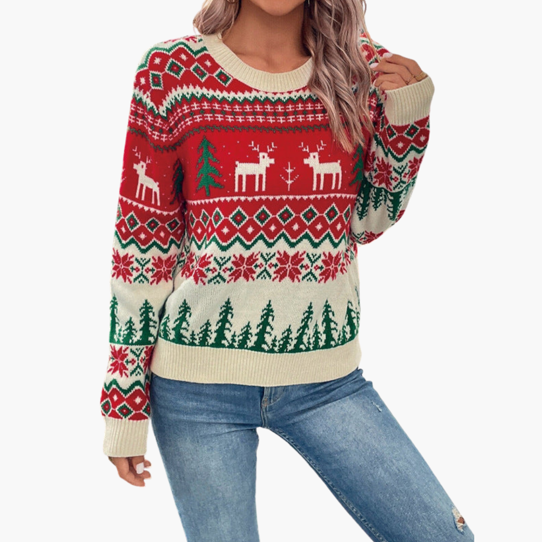 Damen Weihnachts Pullover mit Rentier und Baummotiv