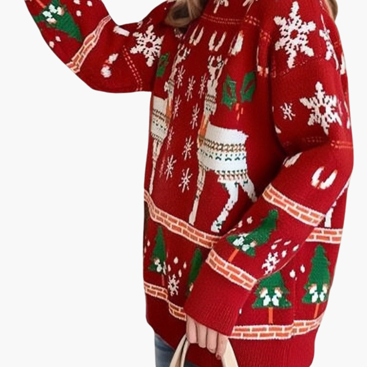 Damen Weihnachts Pullover mit Rentier und Schneeflockenmotiv