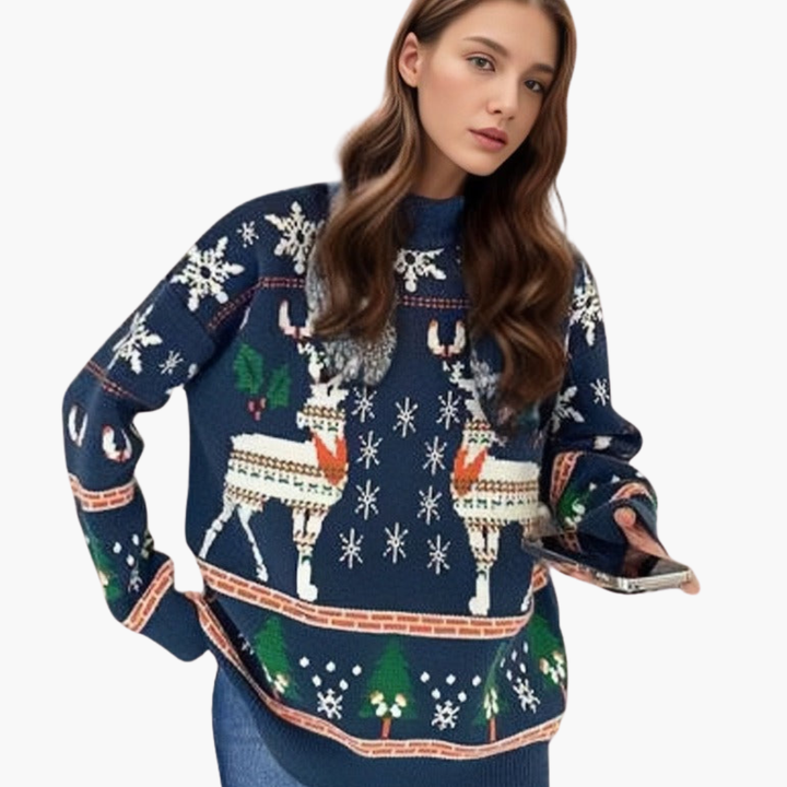 Damen Weihnachts Pullover mit Rentier und Schneeflockenmotiv