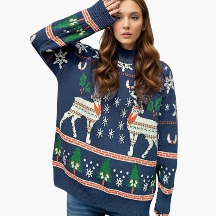 Damen Weihnachts Pullover mit Rentier und Schneeflockenmotiv