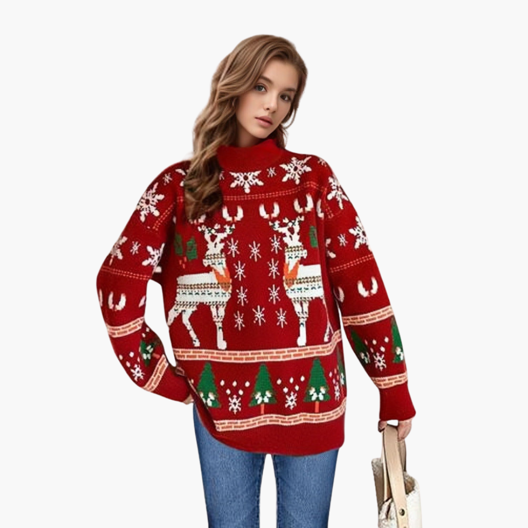 Damen Weihnachts Pullover mit Rentier und Schneeflockenmotiv