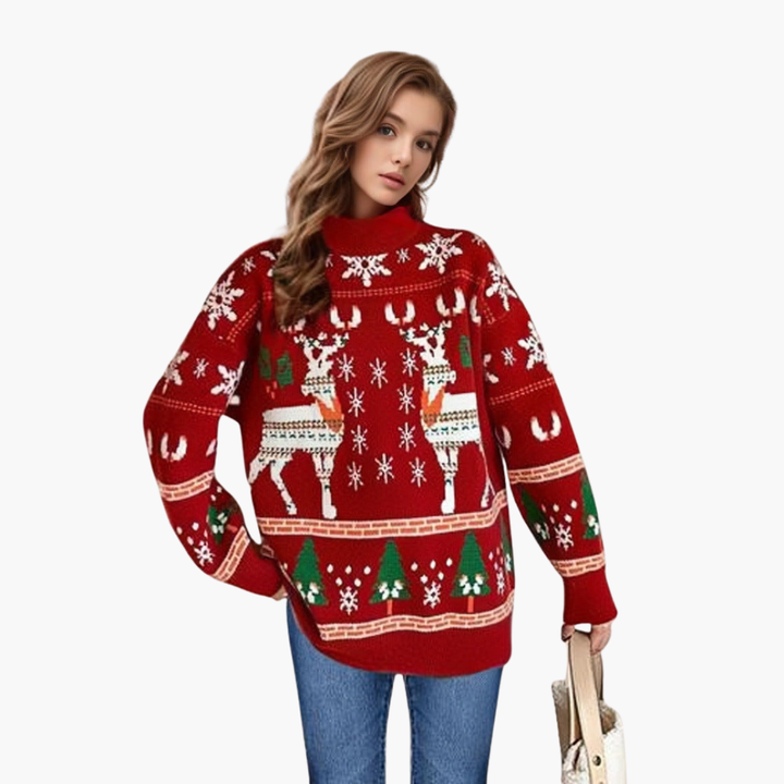 Damen Weihnachts Pullover mit Rentier und Schneeflockenmotiv