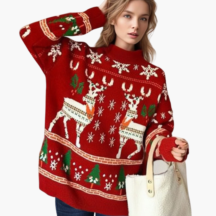 Damen Weihnachts Pullover mit Rentier und Schneeflockenmotiv