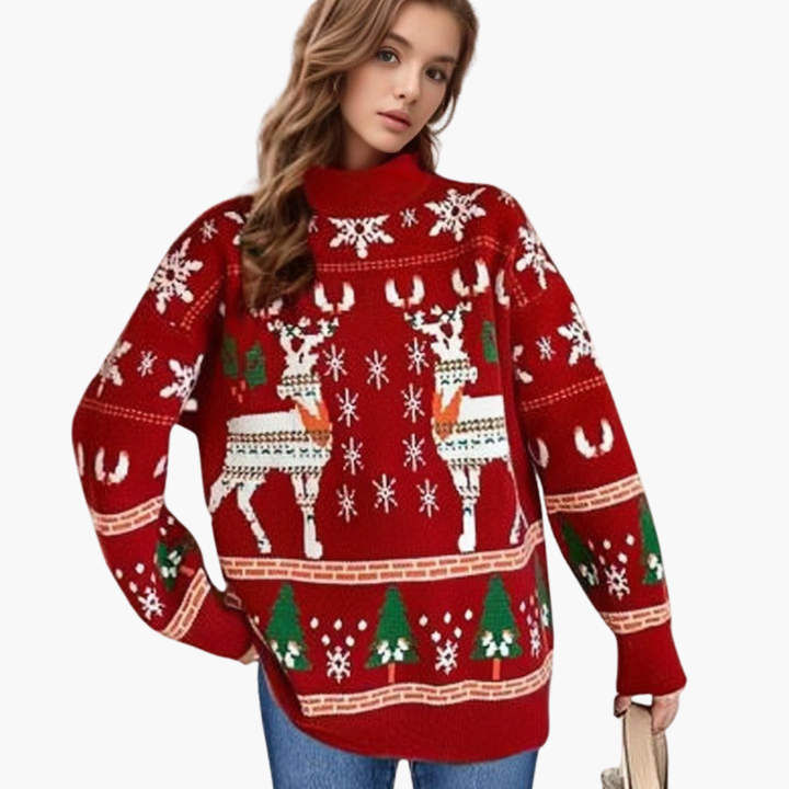 Damen Weihnachts Pullover mit Rentier und Schneeflockenmotiv