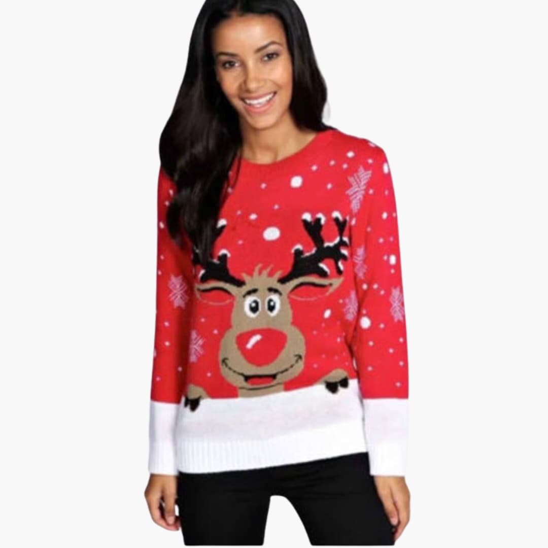 Damen Weihnachts Pullover mit Rentier und Schneeflockenmuster