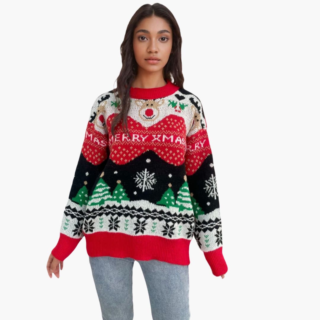 Damen Weihnachts Pullover mit Schneeflocken und Tannenbaum Muster